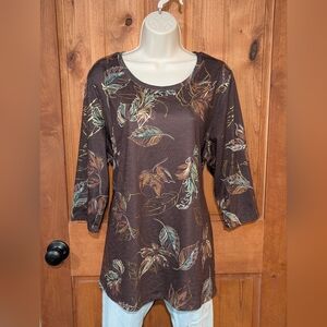 CJ Banks Leaf Print Top With Metallic Gold Accents